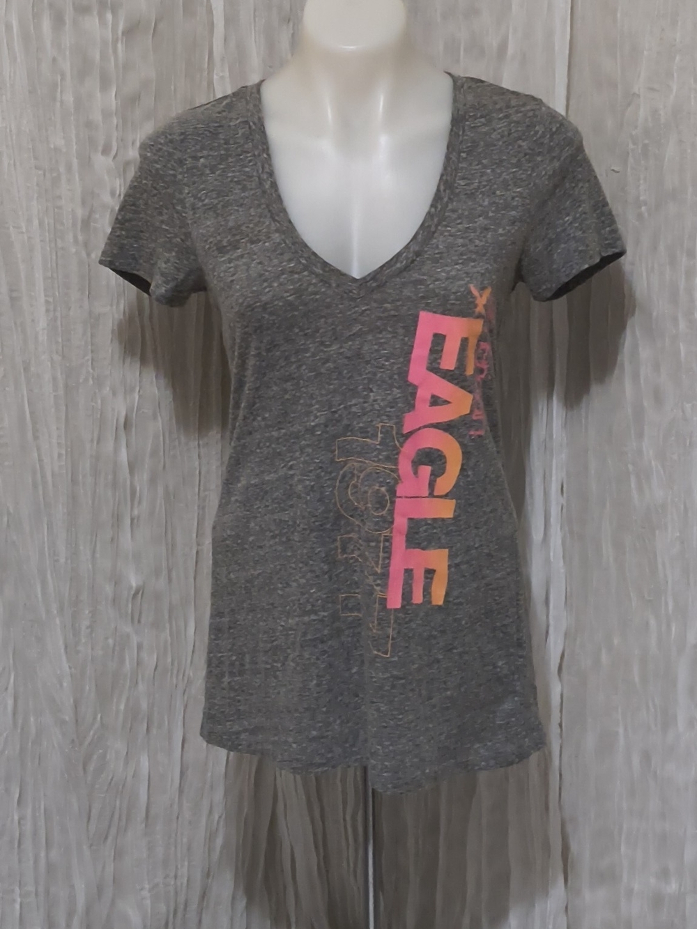 American Eagle Outfitters Gray V-Neck Tee with Pink-to-Orange Logo